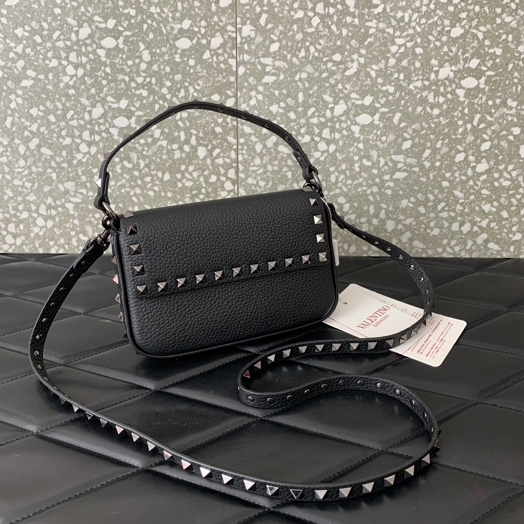 Valentino Garavani Rockstud Small Shoulder Bag in Black Grainy Calfskin